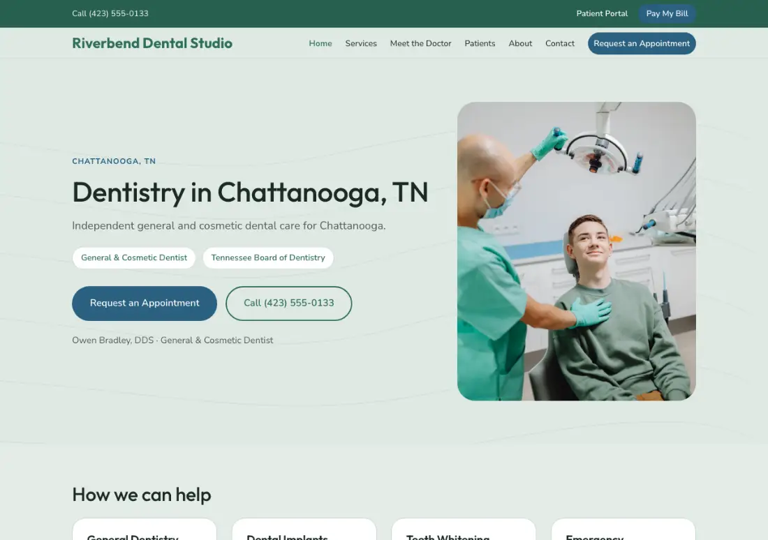 Homepage of the Riverbend Dental Studio example practice site