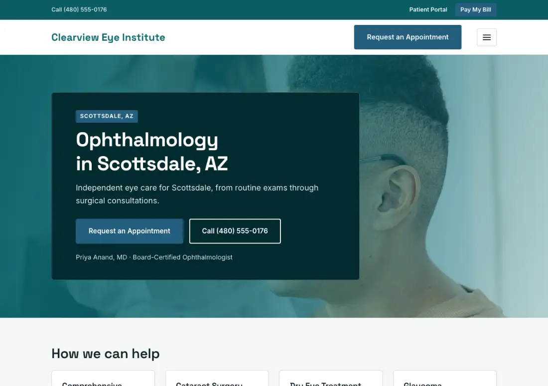Homepage of the Clearview Eye Institute example practice site