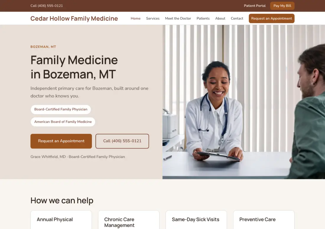 Homepage of the Cedar Hollow Family Medicine example practice site