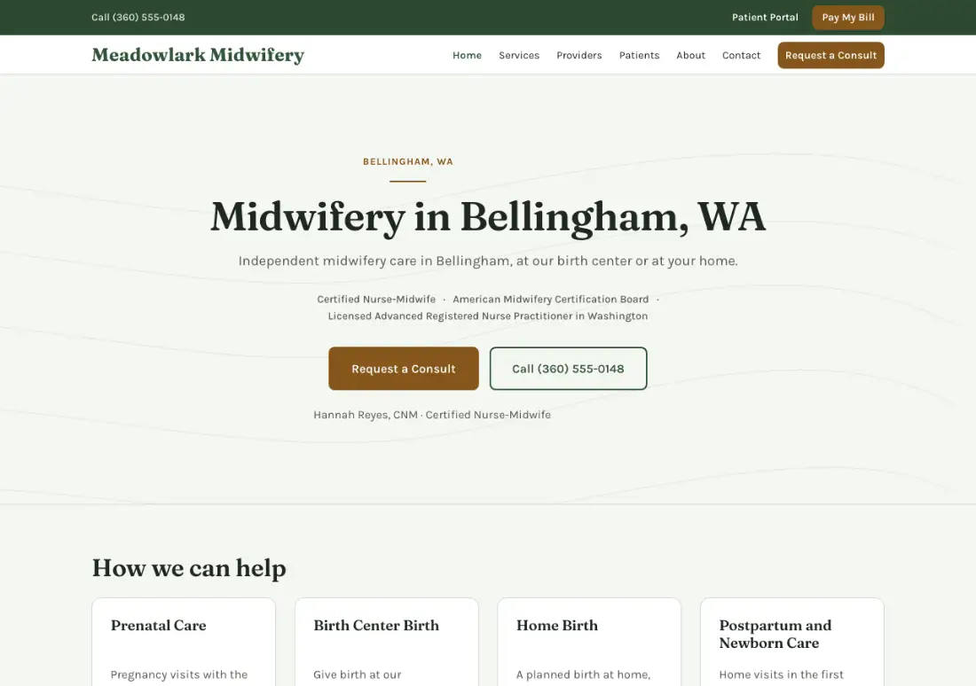 Homepage of the Meadowlark Midwifery example practice site