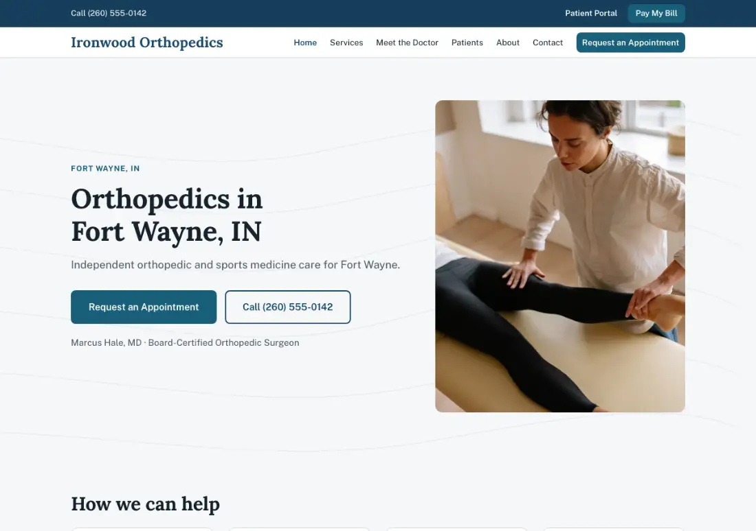 Homepage of the Ironwood Orthopedics example practice site