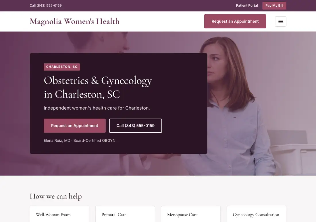 Homepage of the Magnolia Women's Health example practice site